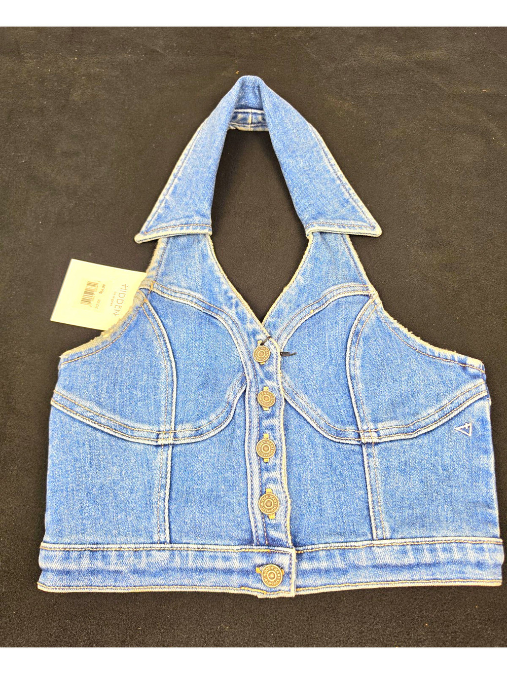 Hidden Jeans Womens Blue Denim Halter Cropped Tank Top Button Front Size XS
